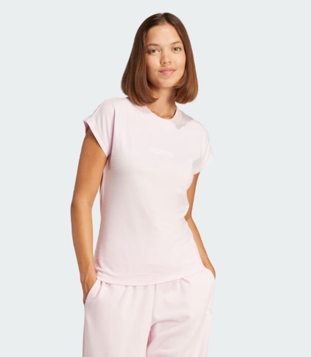 ADIDAS Women's Essentials Linear Cotton Tee Medium Pink White Short Sleeve NWT